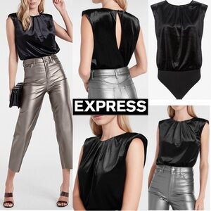Express Velvet Thong Bodysuit Black Sleeveless Shoulder Strong Top Size M